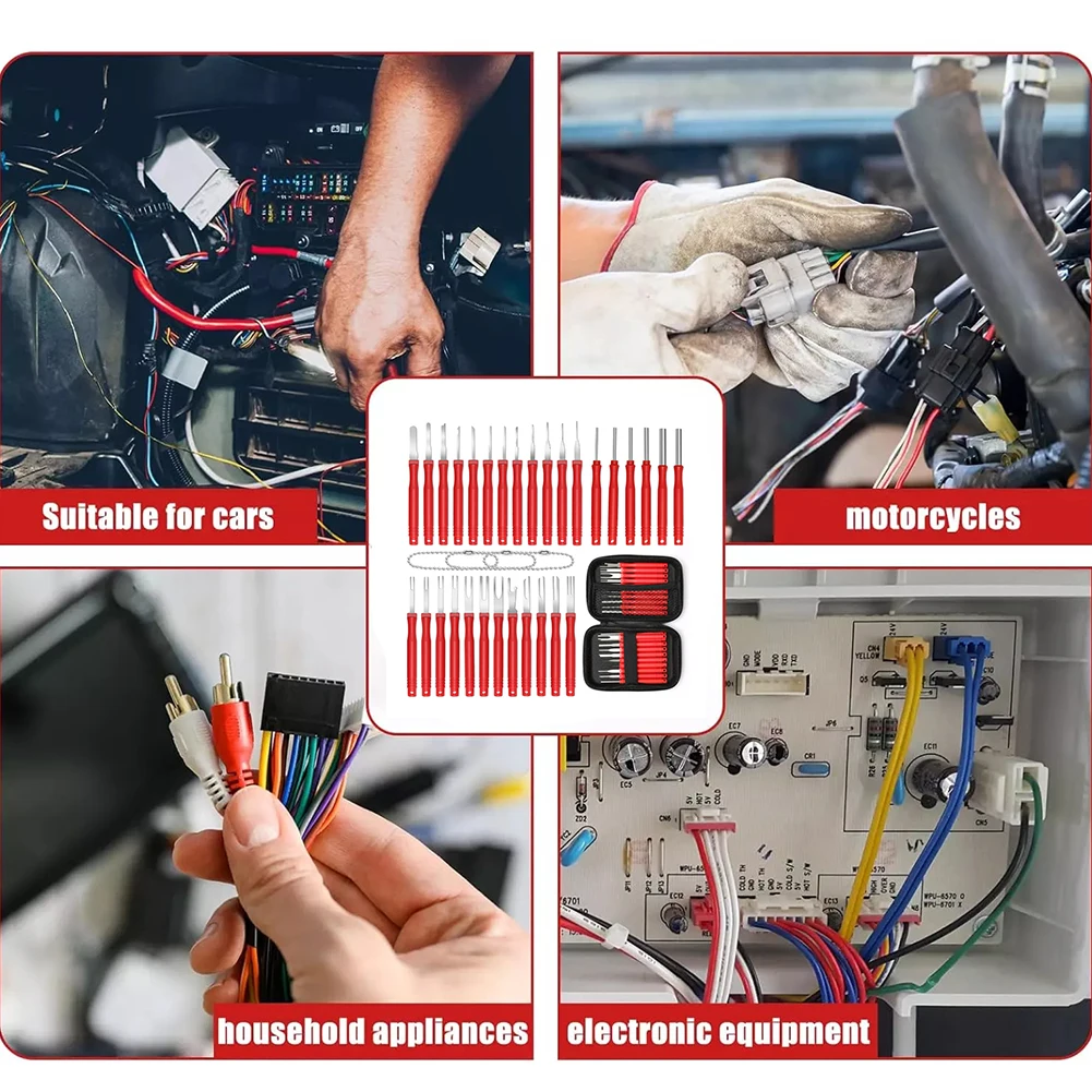 34pcs Terminal Removal Tool Kit Red Stainless Steel Wire Connector Extractor For Car Motorcycle Household Electrical Repair