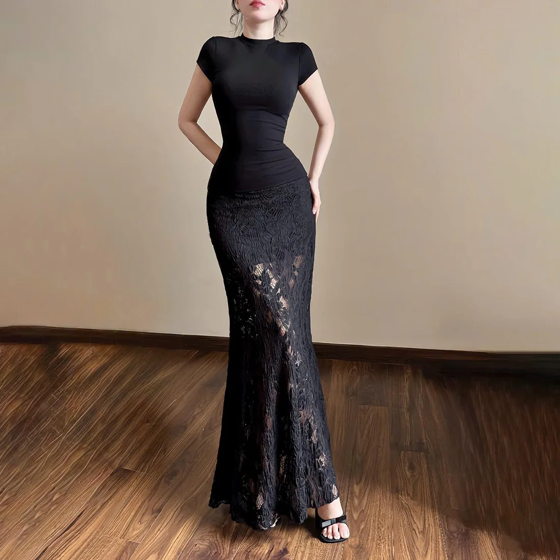 กระโปรงครึ่งตัวแฟชั่นลำลองสำหรับผู้หญิง สีพื้นเรียบง่าย แต่งลูกไม้ ทันสมัย ใส่ได้หลายโอกาส ช่วยให้ดูผอมเพรียว