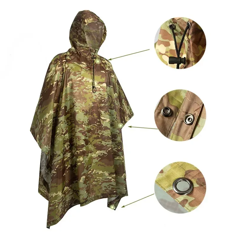 az152024 NEW Waterproof Poncho Camouflage Cover for Camping Hunting Clothes Shelter Tent Emergency Raincoat