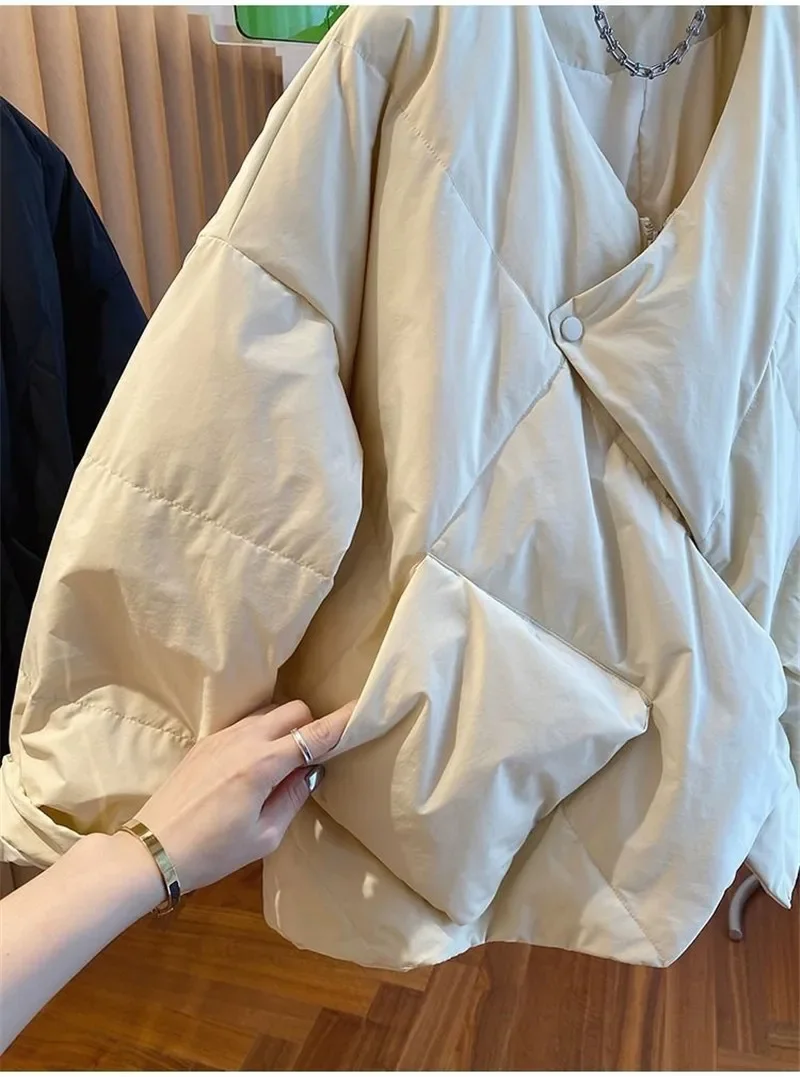 High-end Design Irregular Cotton Jacket Women Winter New Loose Zipper Womens Coat Basic V-neck Woman Outwear