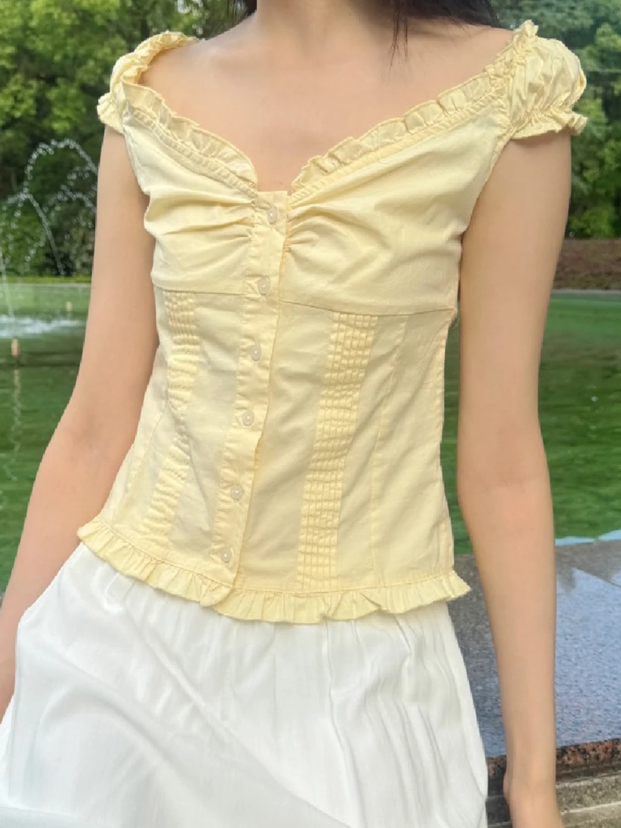 T-shirt chemisier plissé jaune pour femmes, col en V à volants, simple boutonnage, manches bouffantes, chemises décontractées simples et douces, été