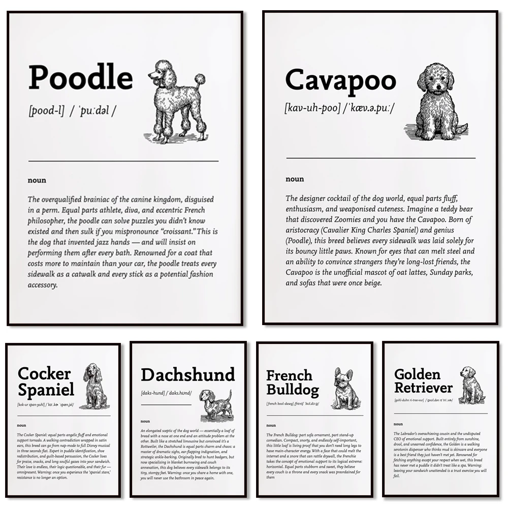 Poodle, Cocker Spaniel, French Bulldog, Cavapoo, Golden Retriever, Dachshund Definition Print: Fun Dictionary-Style Dog Poster
