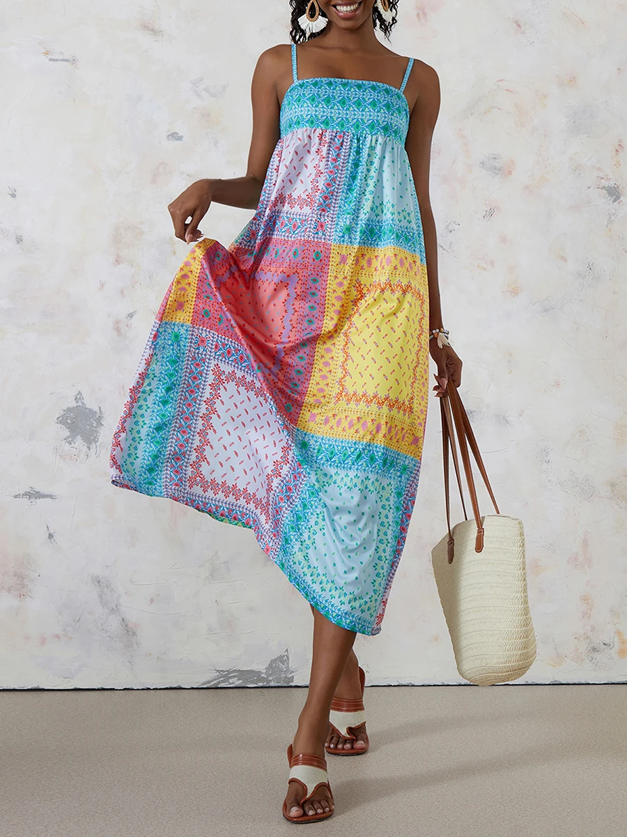 ชุดเดรสยาวโบฮีเมียนของผู้หญิงฤดูร้อนแขนกุดสายสปาเก็ตตี้ขอบพิมพ์ชุดเดรสชายหาด Flowy