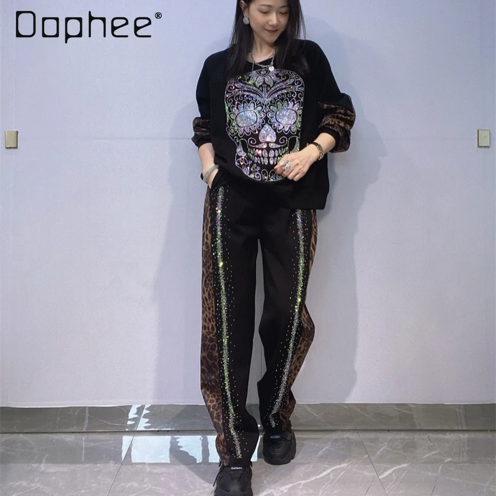 

Свободный уличный повседневный спортивный комплект, осенне-зимний леопардовый принт, лоскутная толстовка со стразами и длинными рукавами, женские комплекты из двух предметов