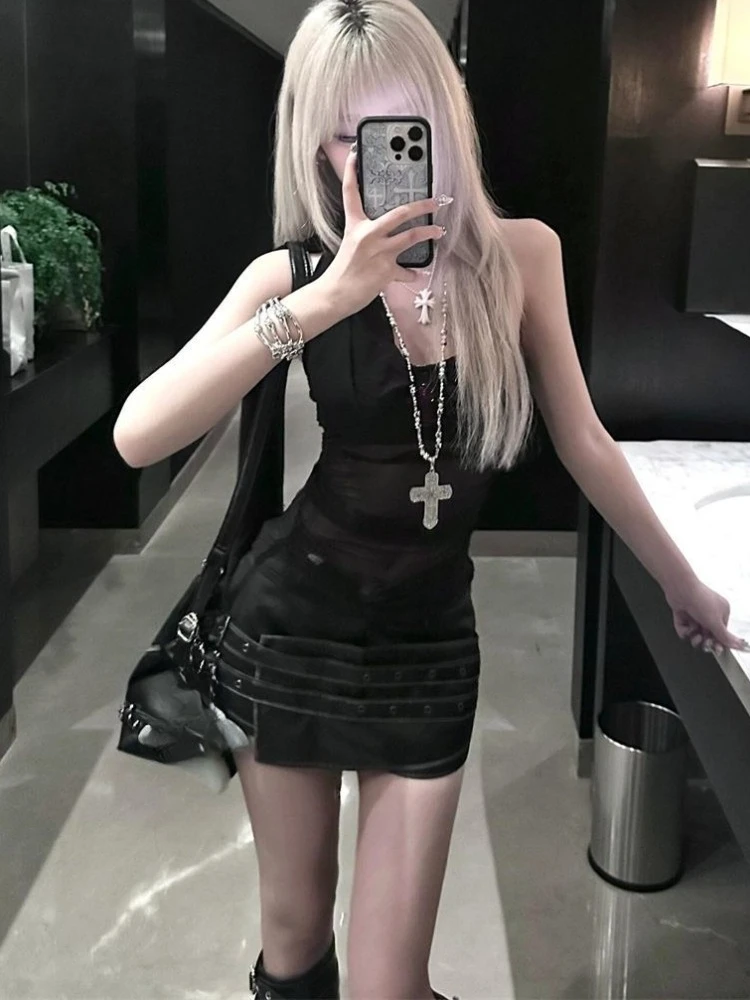 

Готический сексуальный пикантный винтажный элегантный комплект из 2 предметов для женщин Y2k Ретро жилет + дизайнерская мини-юбка Женская шикарная корейская популярная одежда Новая