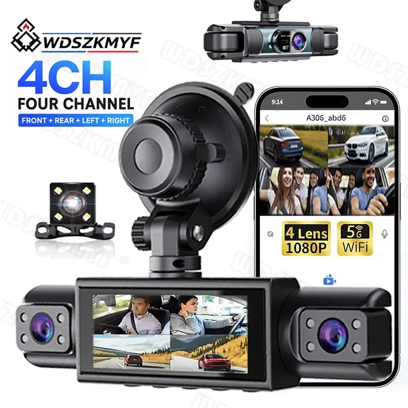 1080P 4Ch Dashcam 3/4Lens Car Camera WiFi Driving DVR Front Left Right Rear Night Vision 24h Parking Loop Recording Hardwire kit