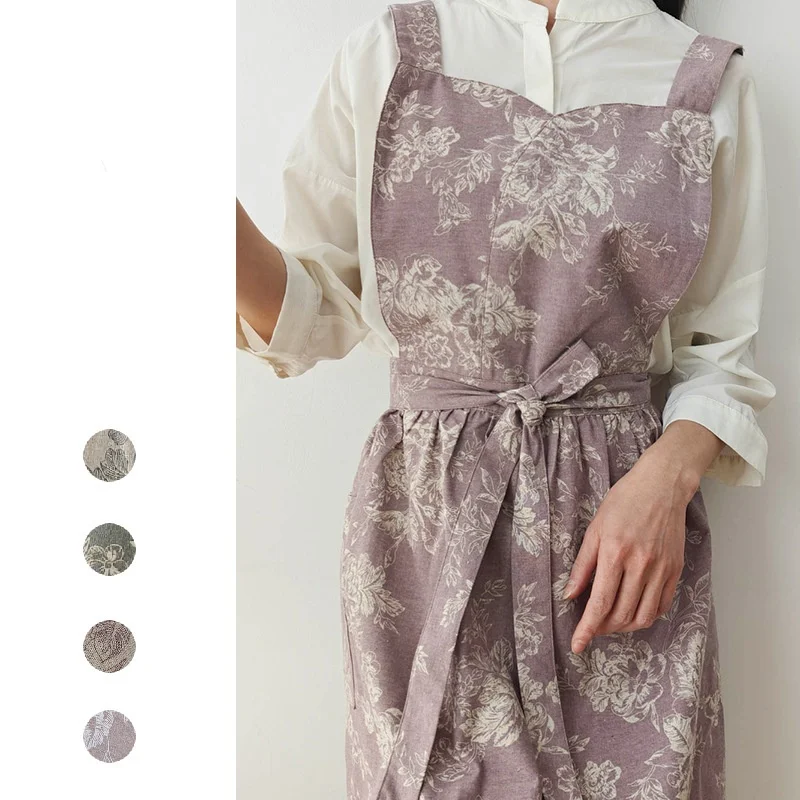Long Retro Printed Women's Apron Water-Repellent and Pockets for Baking Cooking Flower Shops Stain Resistant Apron