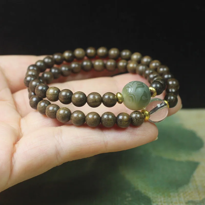 Sandalwood dark wood 0.6 double-loop bracelet Buddhist and six-character mantra, paired with green Bodhi beads