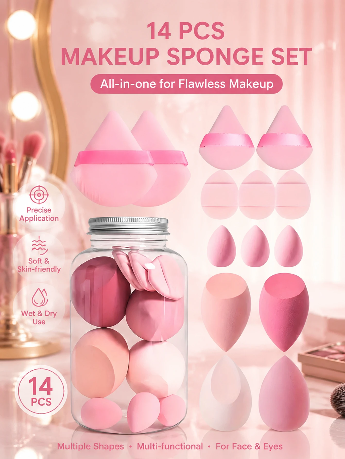 Conjunto de 14 Esponjas de Maquiagem em Pote, Uso Seco e Úmido, Aplicador de Base Líquida, Puff de Beleza, Ovos Cosméticos Macios