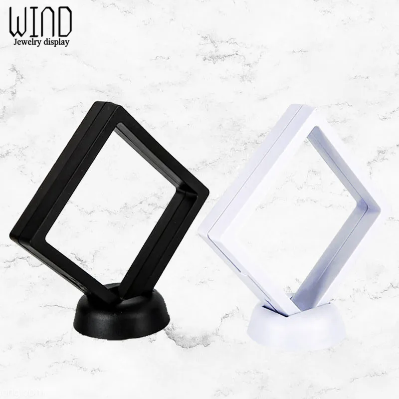 Black White PET Suspended Floating Frame Box Plastic 3D Earring Coins Gem Ring Diamond Jewelry Exhibition Stand Holder Box