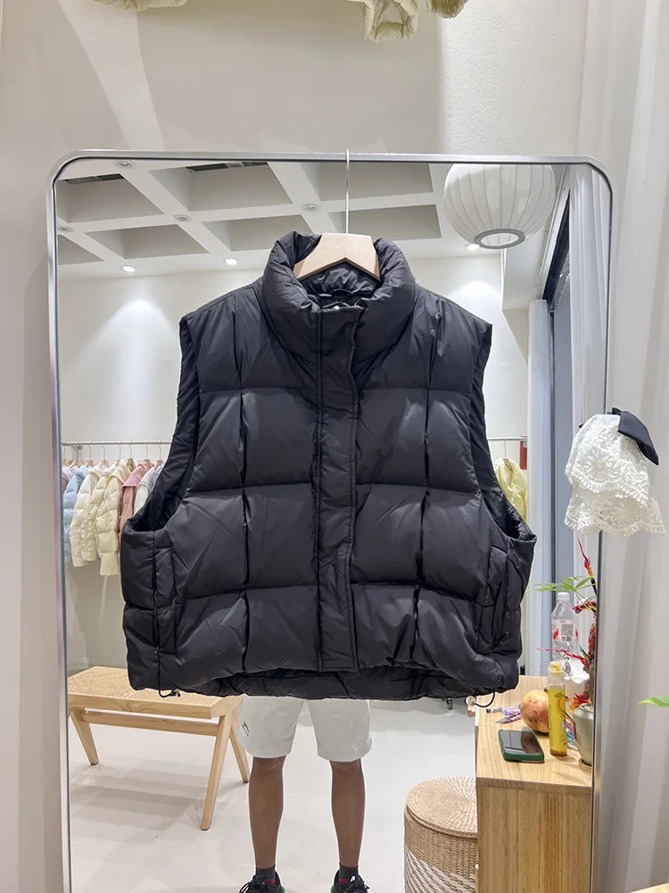 2025 herbst winter neue daunenjacke frauen kurze stehkragen weste mode-design lose beiläufige weiße ente daunenjacke