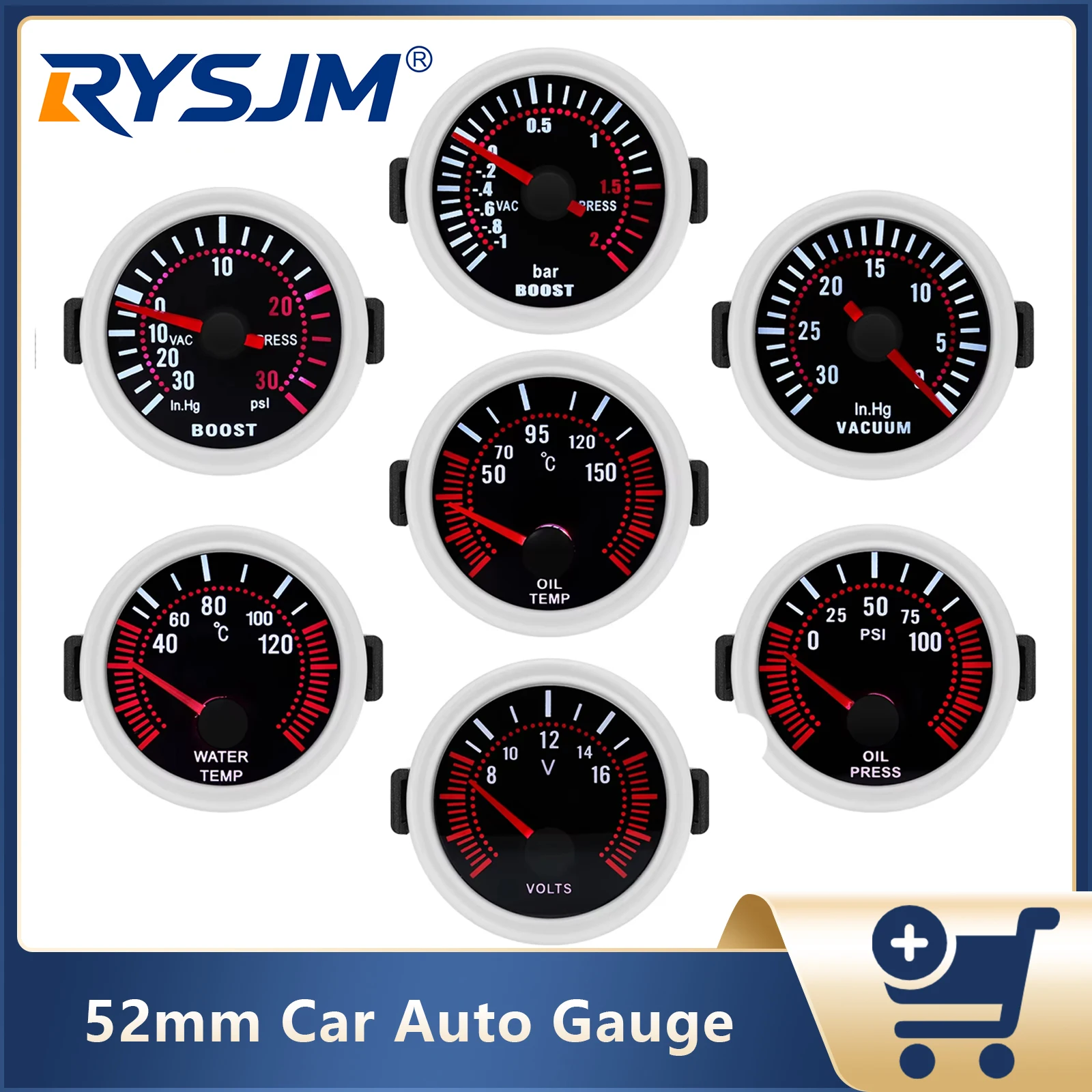 2''52mm Auto-Boost-Meter BAR PSI Turbo-Boost Wassertemperatur Öldruck Drehzahlmesser Öltemperaturanzeige Volt Rauchglas für 12V-Fahrzeuge