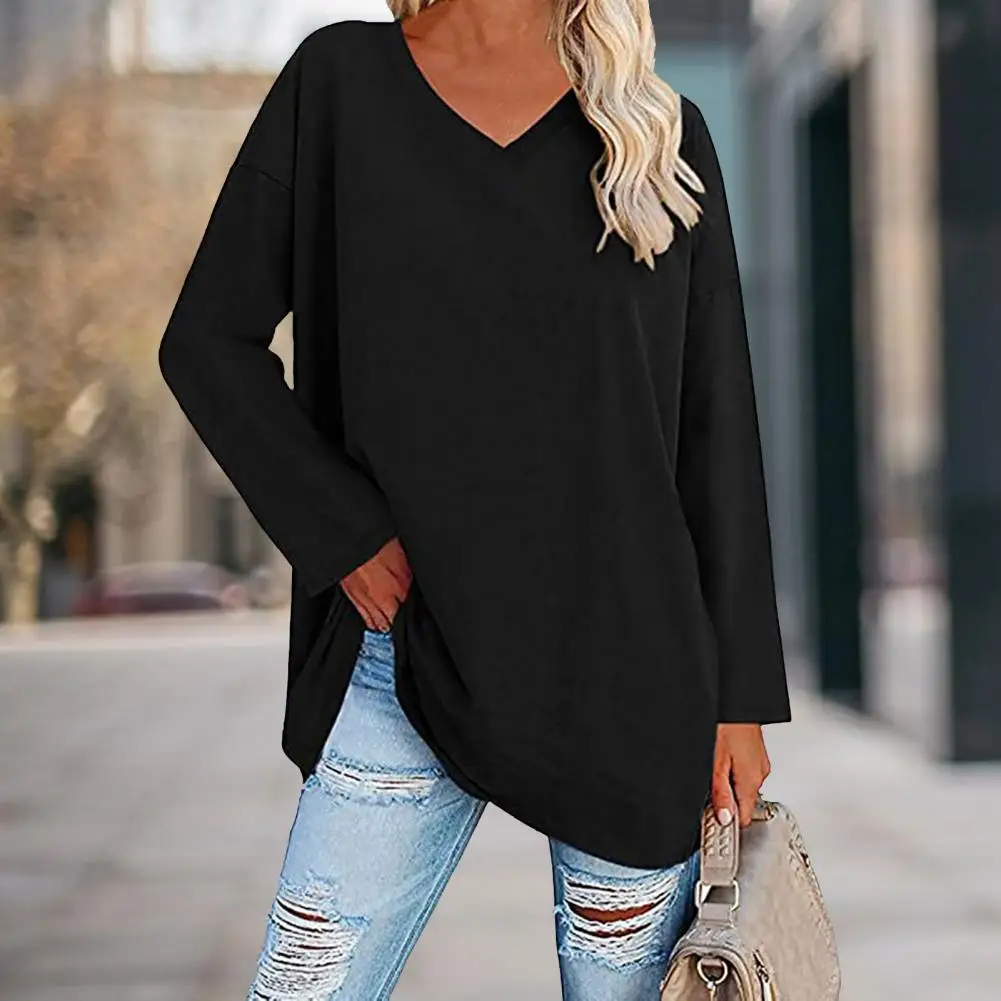 Fashion T-shirt Top  Breathable Stretchy Autumn Top  Solid Color Loose Lady Tunic Blouse