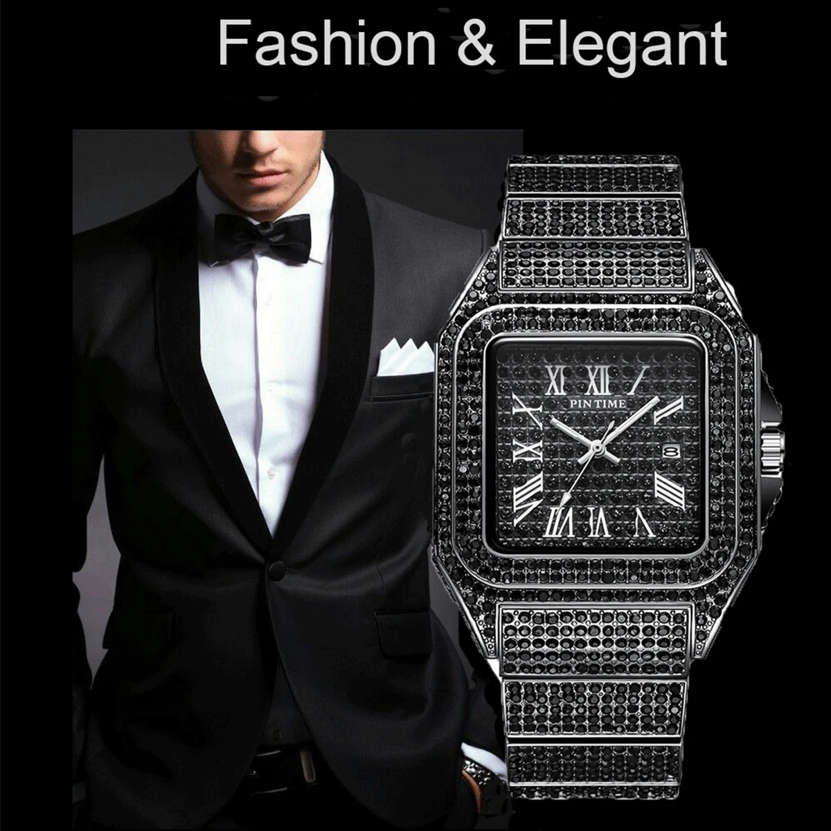 Watch for Men Ice Out Square Watches Luxury Diamonds Quartz Wristwatches Waterproof Black Leisure Business Relogios Masculino