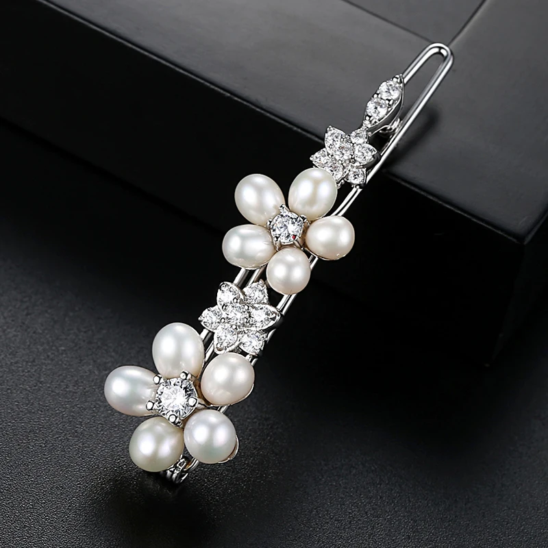 LUOTEEMI Freshwater Pearl CZ Hair Pins and Clips Cubic Zirconia Flower Bridal Hair Jewelry for Wedding Luxury Accessories Gifts