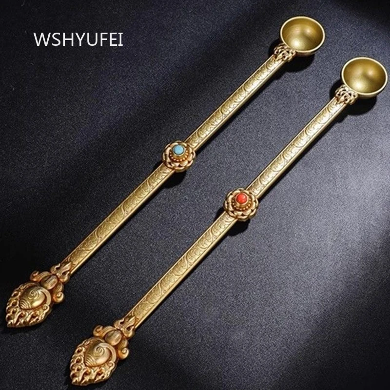 الذهب البوذية ملعقة مطعمة جوهرة سبيكة الحرف اليدوية البوذية التبتية كوزع البخور الدخان ملعقة المنزل هدية جمع ديكور