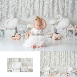 Royal Swans Backdrops Kids Cake Smash Birthday Photography Child Adult Photocall Decors Baby Photocall Floral Curtain Background