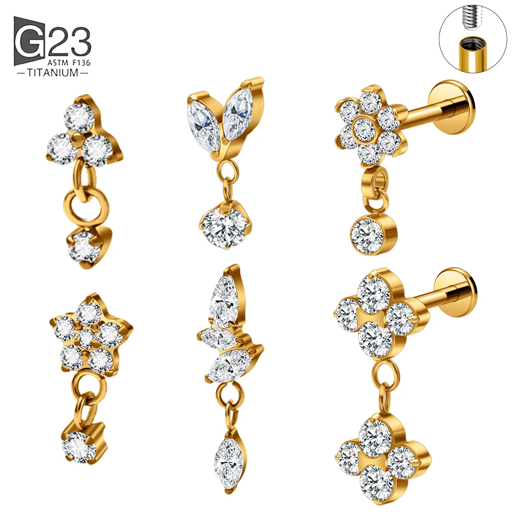 G23 ASTM F136 Titan Labret Stud mit CZ-Blume, Zirkon, Innengewinde für Tragus, Helix, Knorpel, Ohr, Lippe, Körperpiercing-Schmuck