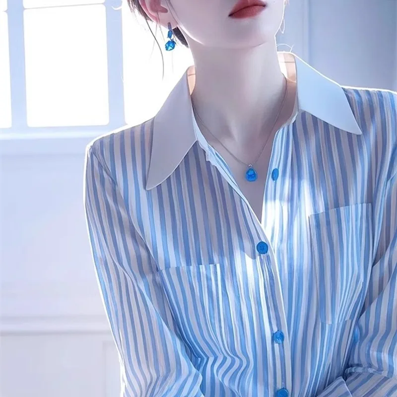 Chemisiers Vintage pour femmes, chemises rayées, mode ample, couleur unie, vêtements décontractés, manches longues, hauts coréens pour femmes, printemps/été