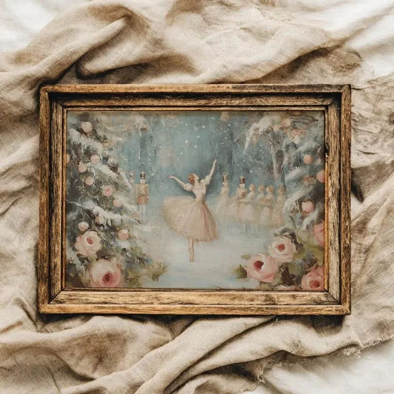 Vintage Nutcracker Ballet Canvas Wall Art Winter Floral Snow Scene Farmhouse Christmas Home Wall Print Unframed Canvas Poster