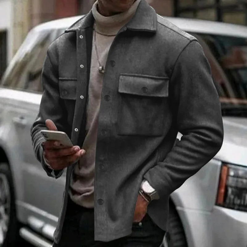 Work Jacket Male Outerwear Slim Fit Notched Collar Button Front Two Chest Pockets Long Sleeve Grey Black Casual Jacket Men's
