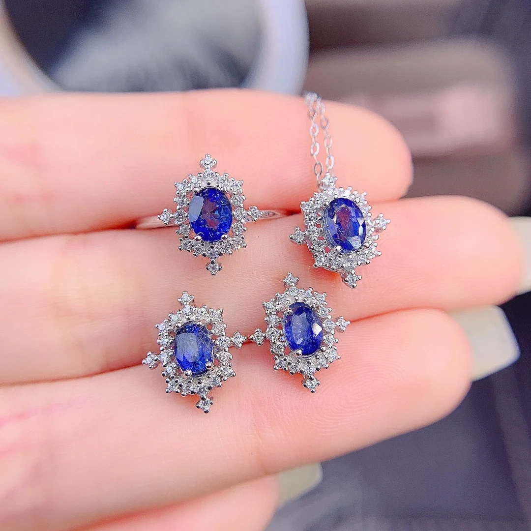 Elegant Jewelry Ladies Sterling Silver 925 Sapphire Set Pigeon Egg Fire Color Burst Flash Free Shipping Wholesale Christmas gift