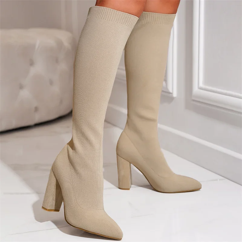 Cozy Knitting Stretch Fabric Knee High Boots Women Square Heels Autumn Winter Sock Long Booties Soft Warm Sock Boots for Women