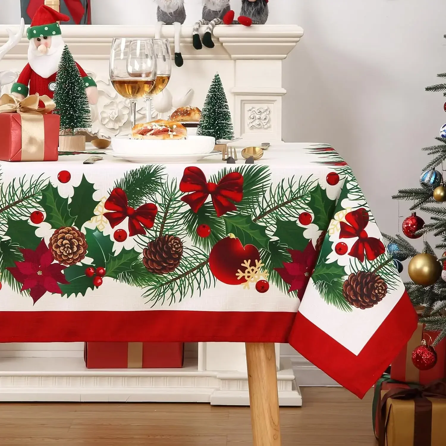 Christmas Greenery Waterproof Tablecloth Holiday Party Decor Winter Xmas Reusable Rectangle Tablecloth Christmas Decorations