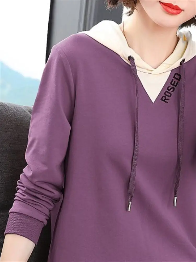 Spring Autumn Thin Hoodie Women's Long Sleeve Base Shirt Fake Two-Piece Comfortable Loose Fit Commute Style Mid-Length T-Shirt