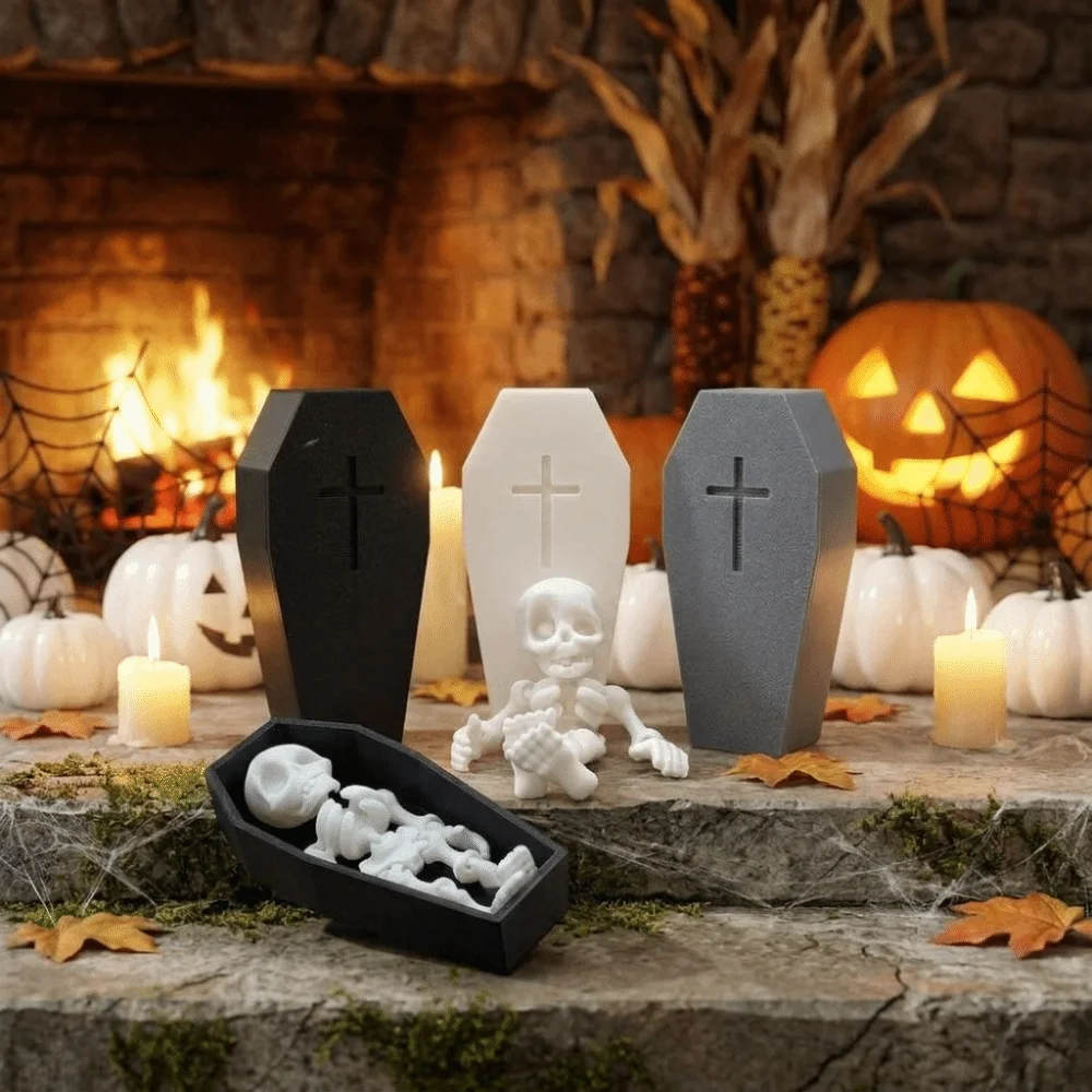 3D-Printed Articulated Skeleton Flexible Joints Plastics Halloween Mini Coffin Box Removable Posable Skeleton Party Favor
