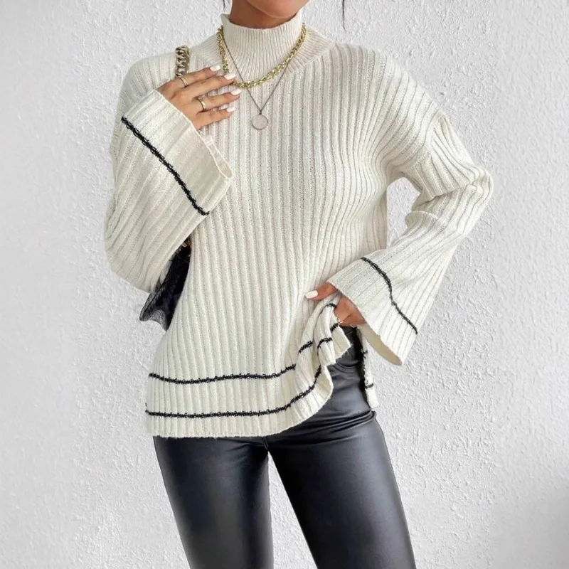 New Autumn Women Knitted Sweater Casual Color-blocking Long-sleeved Shirts mock Turtleneck temperament Commuting contrast Color