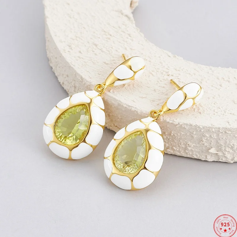 S925 Sterling Silver Studs Earrings for Women Plated Gold Enamel Inlaid Lemon Crystal Ear Studs Fashion Jewelry Wholesale