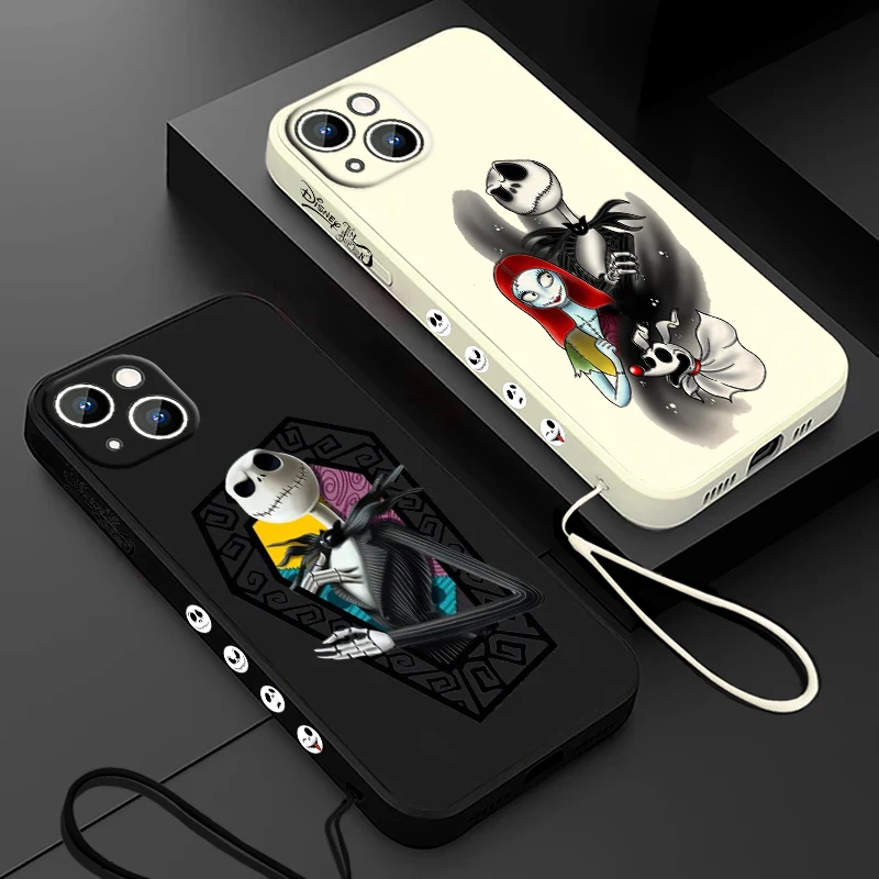 Jack Skeleton Sally Phone Case For Apple iPhone 15 14 13 12 11 Pro Max Plus 8 7 SE Liquid Left Rope Capa Cover