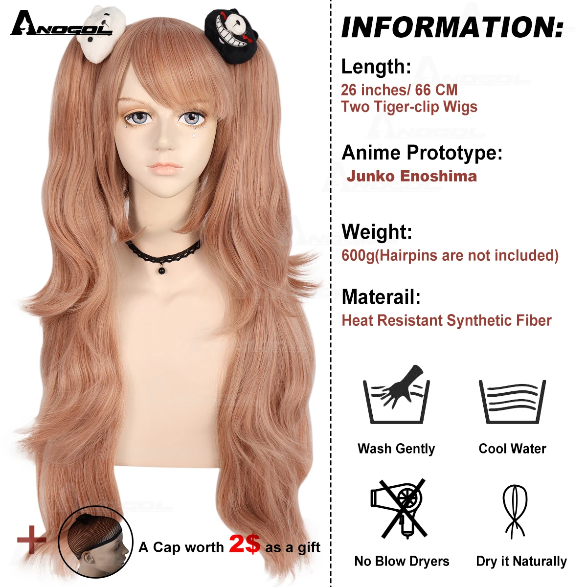 Parrucca Cosplay ANOGOL sintetica Junko Enoshima parrucca Anime Dangan Ronpa lunga rosa Lolita con due code di cavallo forcine per capelli orso bianco nero