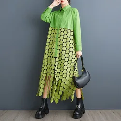 #2611 Women Asymmetric Shirt Dress Hollow Out Tassles Loose Black White Green A-line Streetwear Irregular Dress Single Breasted