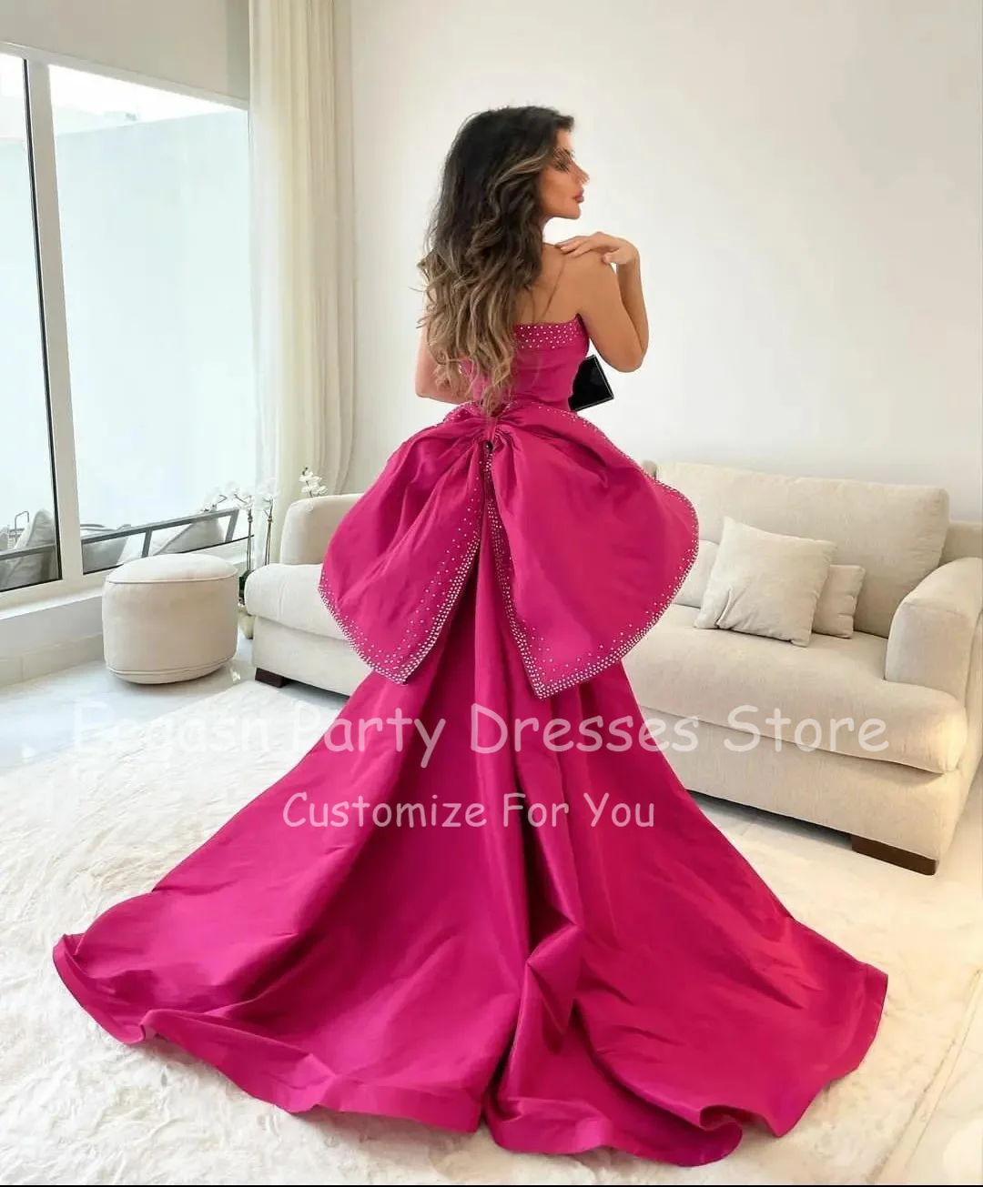 Customized Fuchsia Memaid Arabia Prom Dresses Long Beaded Bow Dubai Bodycon Evening Gowns Formal Women\'s Party Dress Long Train