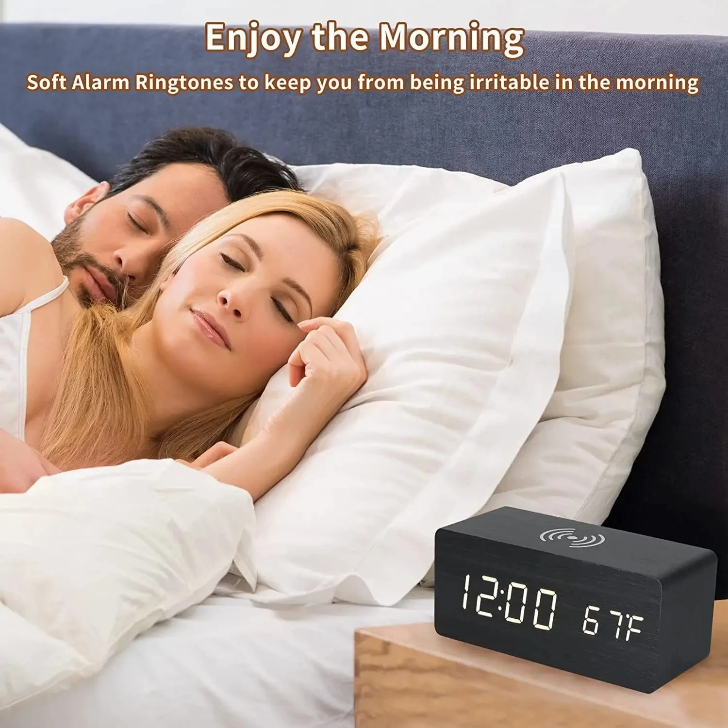 Wireless Charging Digital Alarm Clock Voice Control Teperature Snooze Night Desktop Table Clock 12/24H Wooden LED Clocks Watch