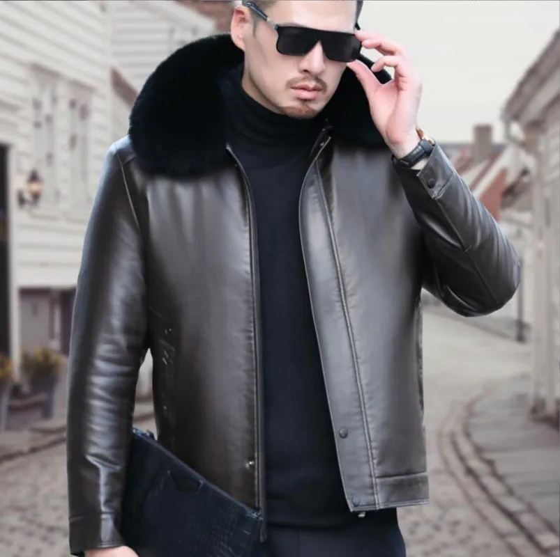 Winter Men real Leather fox fur collars Jacket Coats Male Thick Motorcycle Jacket Warm Biker Jacket M-4XL