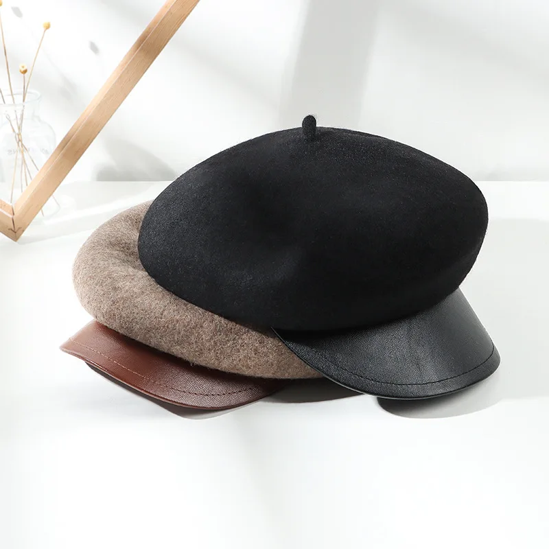 Hat Women Cap Matching Leather Eaves Wool Octagon Wool Everything Beret Fashion Outdoor
