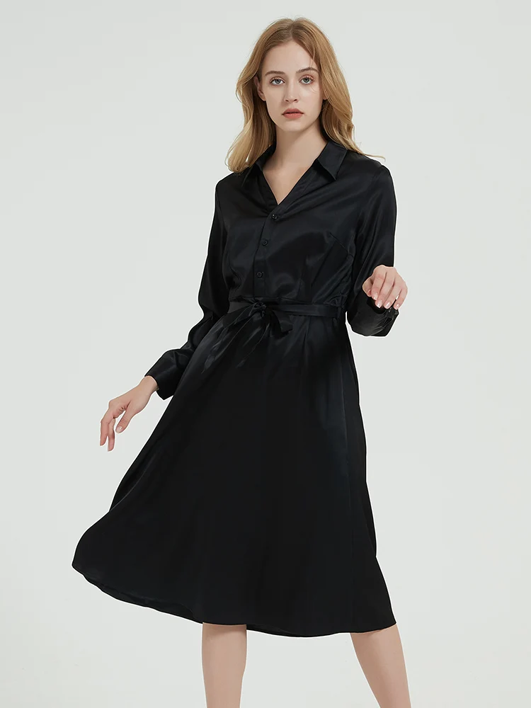 SuyaDream Woman Blouse Shirt Dress 23mm 93%Silk 7%Spandex Solid Black Sashes Long Dress 2022 Elegant Office Chic Dresses