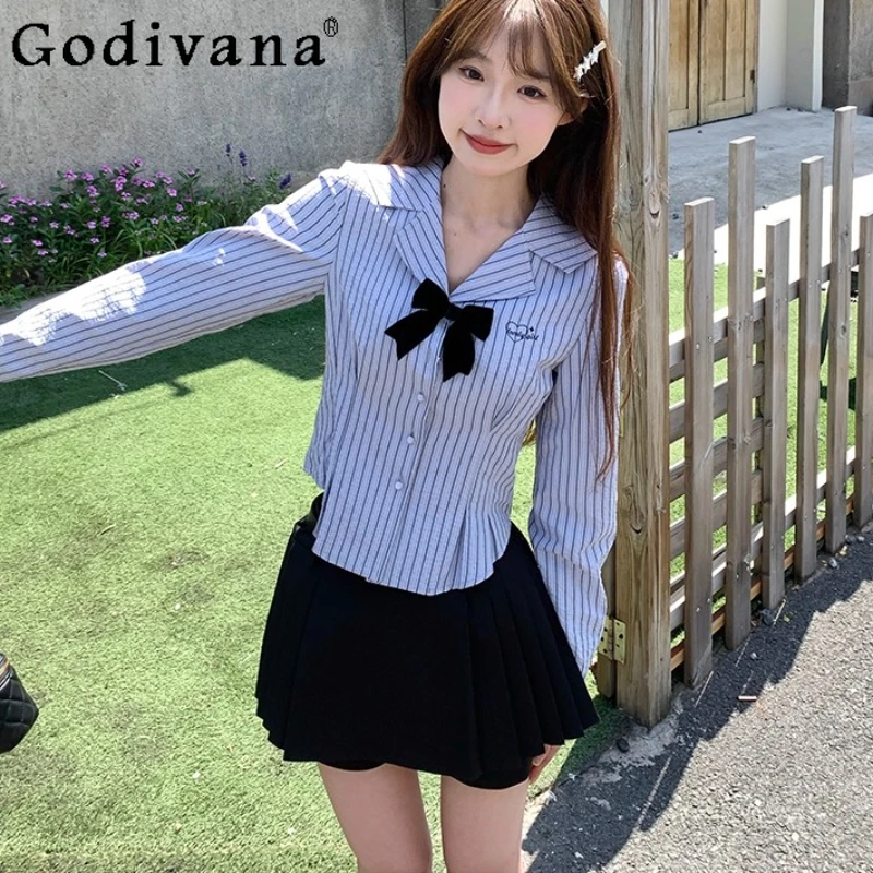 

Sweet College Long Sleeve Blue Striped Japanese Shirt Spring Autumn New JK High Waist A-line Black Versatile Age Reduction Skirt