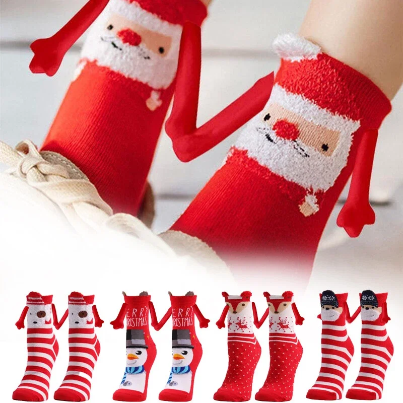 

New Year Cartoon Christmas Magnetic Hand-Holding Socks Funny Elk Snowman Santa Socks Woman Socks Kids Christmas Gift Socks