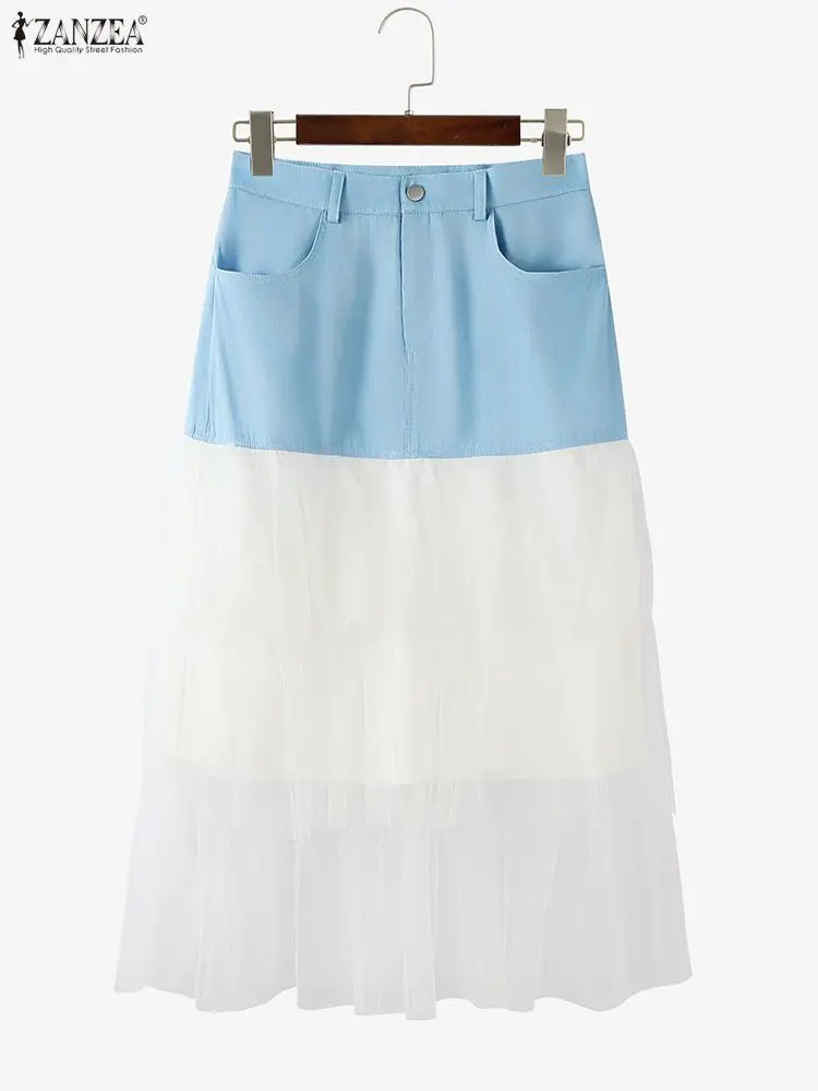 

ZANZEA Women Long Skirts 2025 Autumn Pockets Mesh Patchwork Ladies Bottom High Waist Casual Fashion Midi Party Jupes Faldas Saia