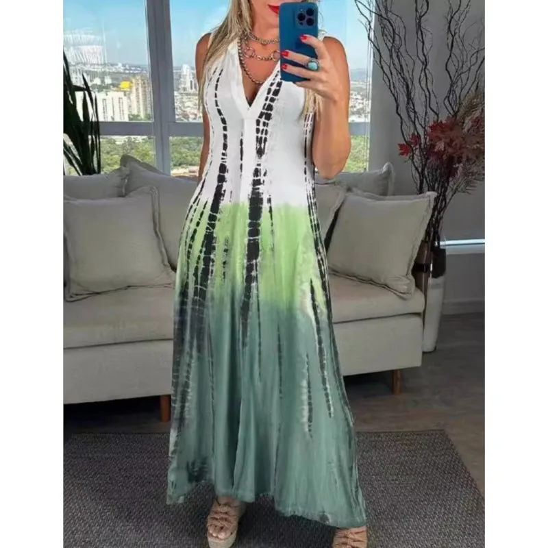Women Fashion Casual Contrast Color Print Dresses Sexy Deep V-neck Sleeveless Loose Pocket Long Dress Elegant Commuting Vestidos
