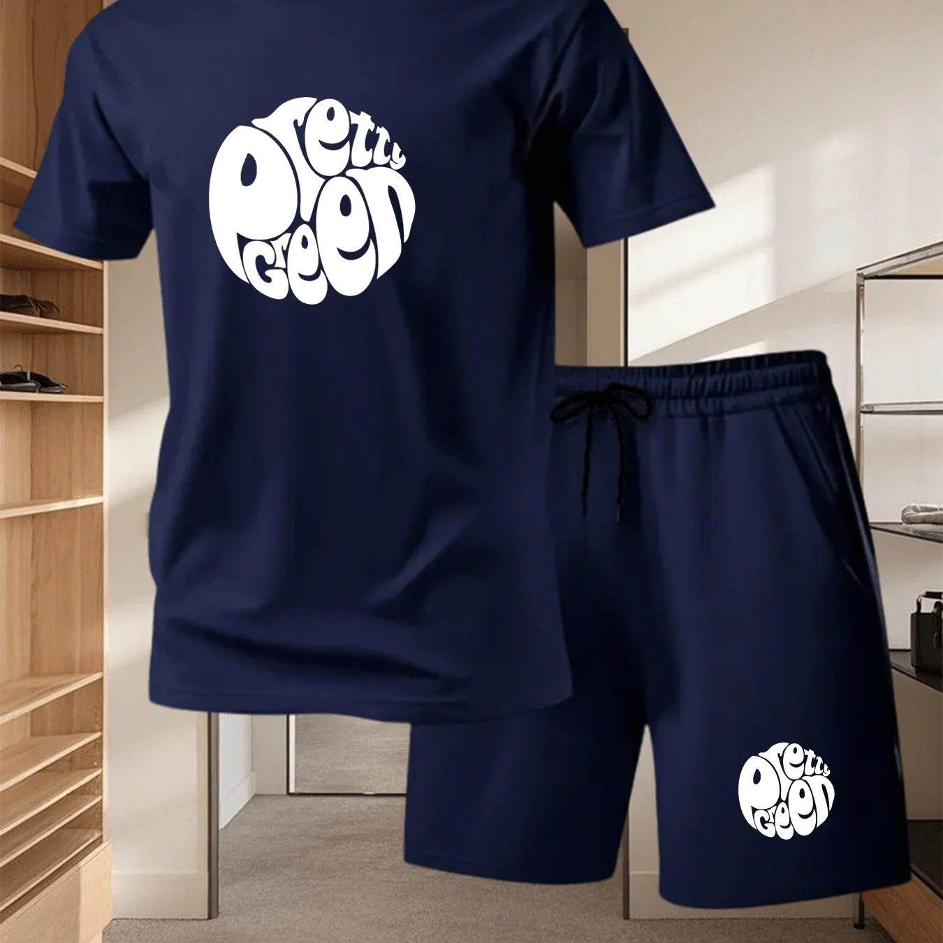 Mens Polyester Knit Two Piece Set Letter Print Tee Loose Shorts Breathable Sportswear For Running Workout Daily Wear view 2