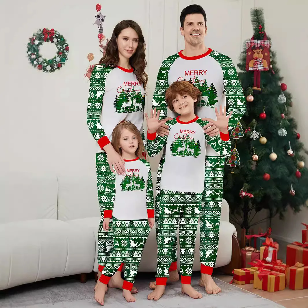 

2025 New Christmas parent-child clothing, green printed long-sleeved pajama sets, adult and children's sets and baby jumpsuits