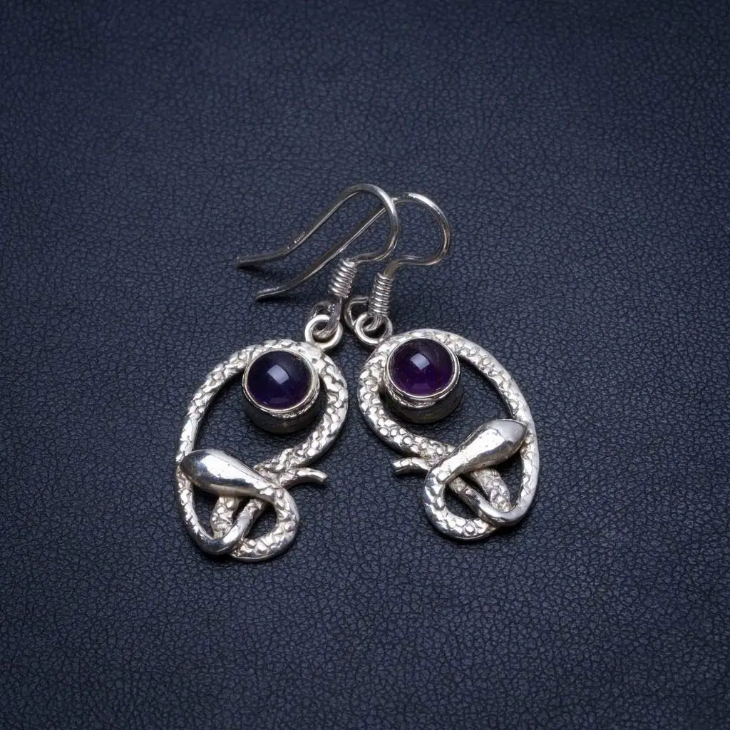 StarGems® Natural Amethyst Snake Handmade Unique Snake Shape 925 Sterling Silver Earrings 1 1/2