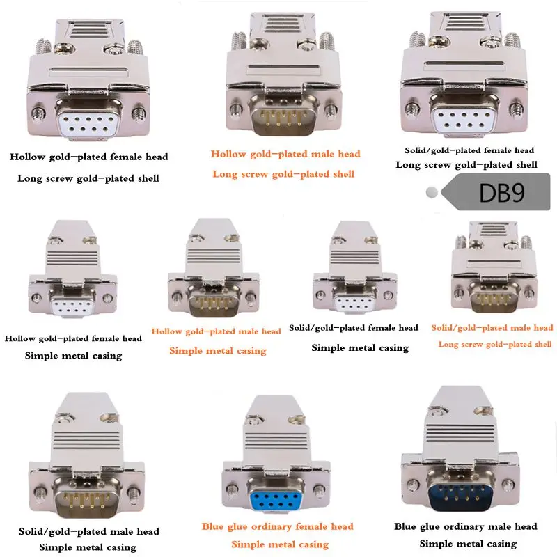 Metal Shell D-SUB9 RS232 Plug, Wire Bonding Type PLC485 Male and Female Heads, 2 Rows of 9-Pin Serial Port Heads, DB9 Connector