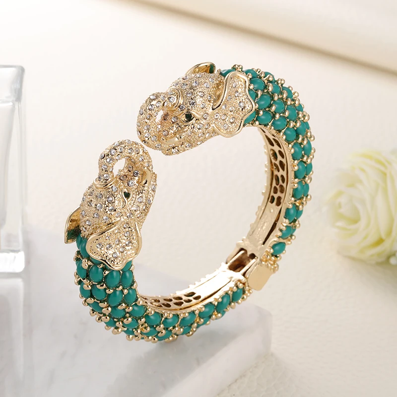 Sally\'s Paradise Resin Colorful Two Heads Elephant Bangles Crystal Animal Jewelry Gold Plated Cuff Bracelets For Women 11199