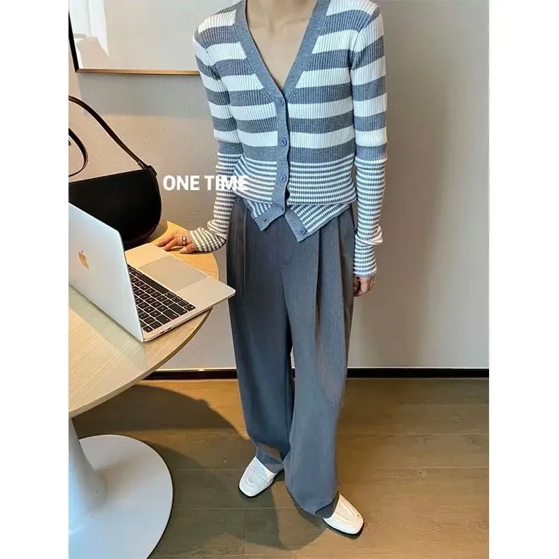 

Винтажный полосатый короткий кардиган на пуговицах, весенне-осенний тонкий кардиган с длинным рукавом и v-образным вырезом, молодежные корейские свитера, повседневная милая женская одежда